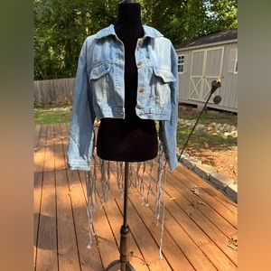 Ladies boho fringed blue jean denim jacket. With tassels size medium